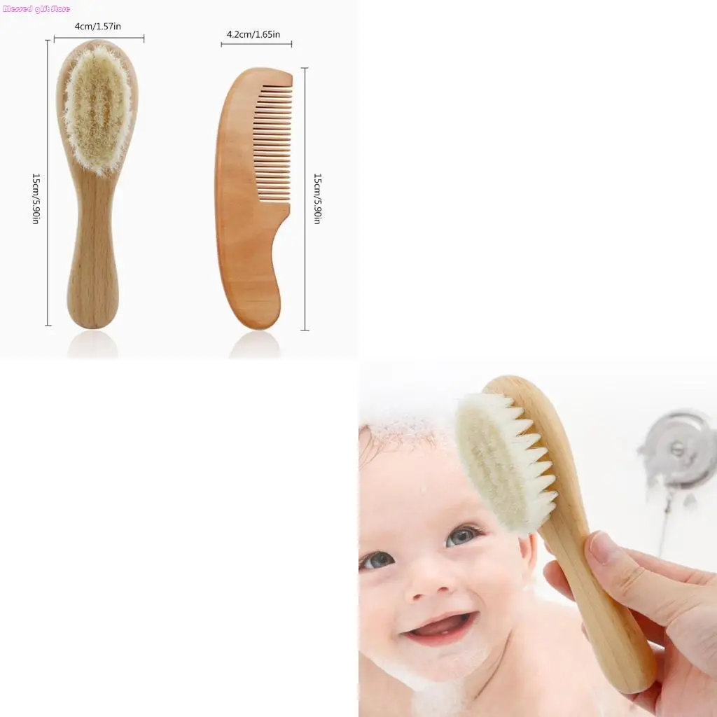 D0JC Wooden Hair Brush & Comb Set Natural Goat Bristle Baby Hair Brush Infant Body Massage Brush Soothing Brush Travel Brush