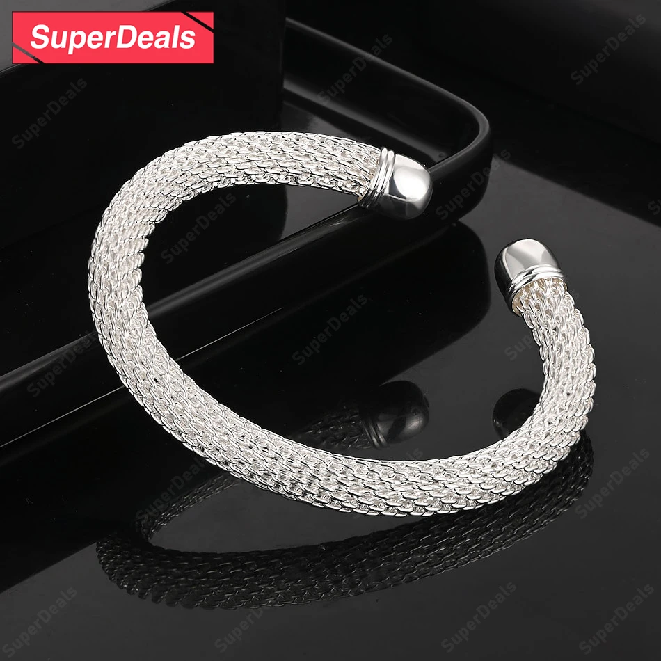 SuperDeals 925 Sterling Silver Heart Water Drop Mesh Half Circle Bangles Women Party Popular Jewelry Birthday Christmas Gift view 3
