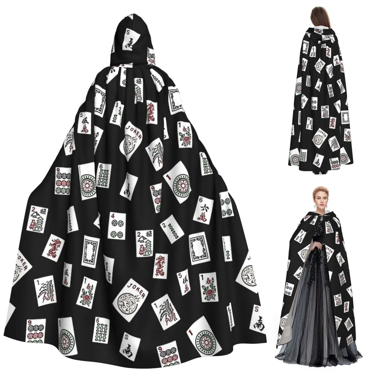

Черный длинный плащ с капюшоном для маджонга, средневековый костюм ведьмы, накидка для косплея, пальто на Хэллоуин для взрослых, унисекс