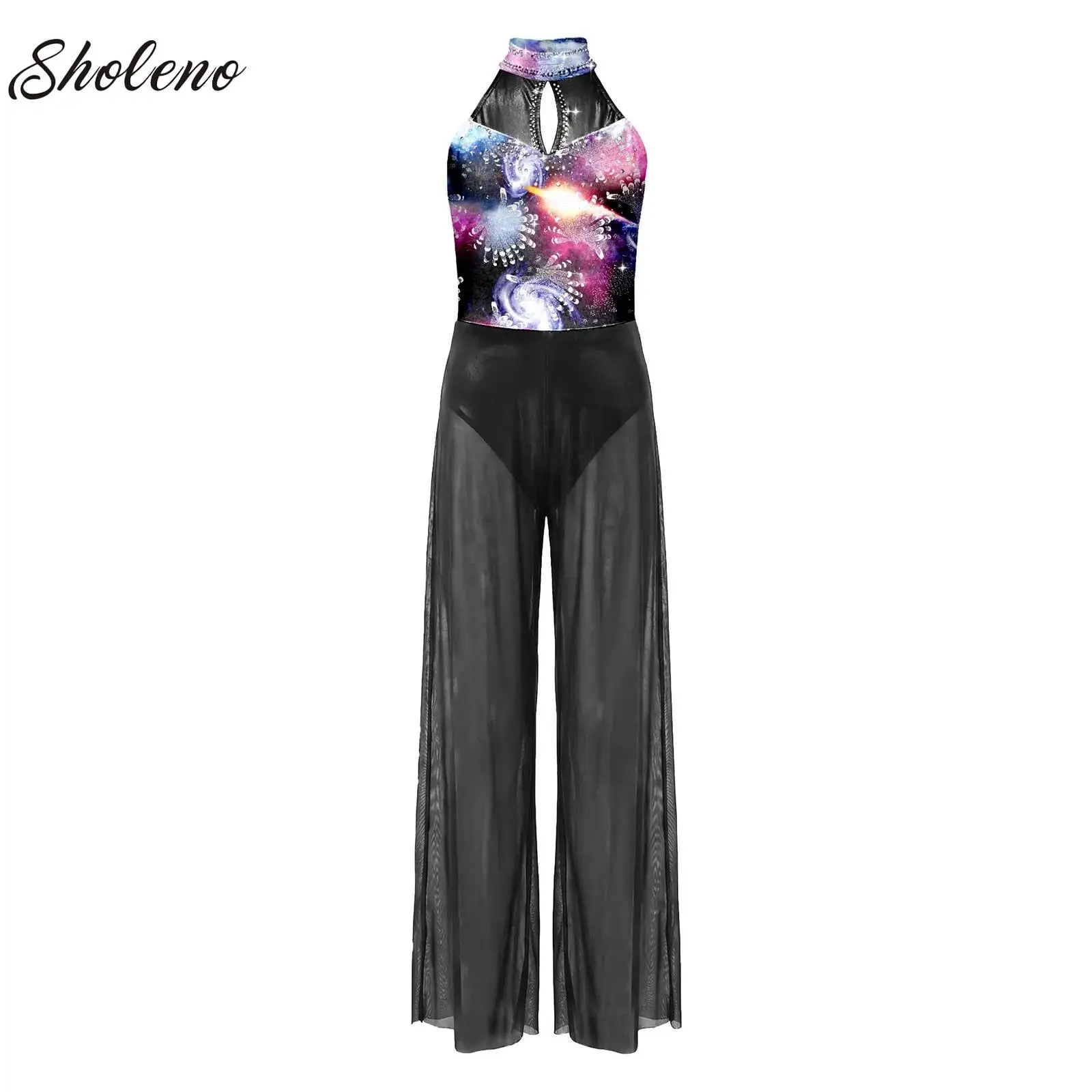 

Girls Halter Lyrical Dance Gymnastics Jumpsuit Sleeveless Printed Split Pants with Built In Briefs Leotard Ballet Dance Costume
