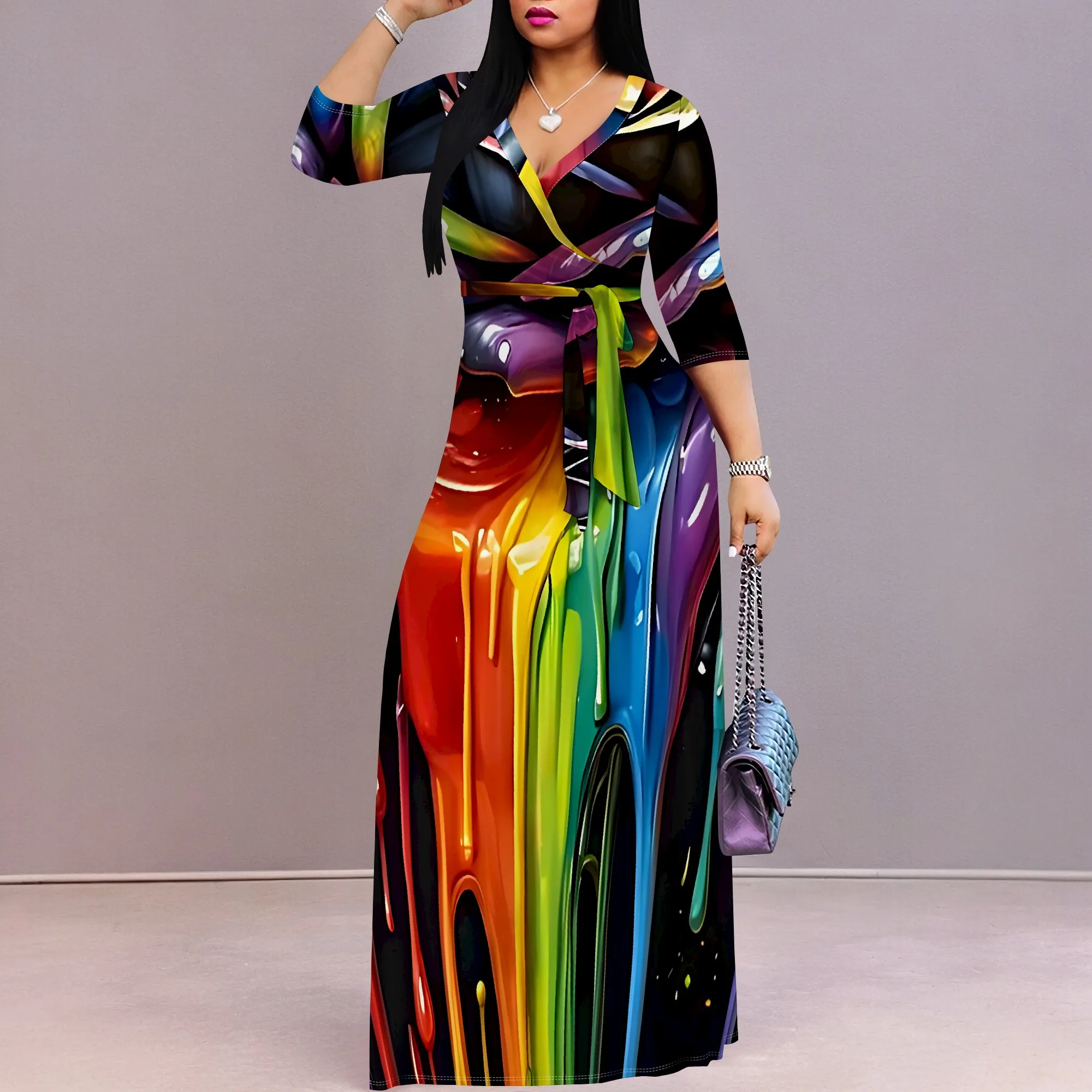 Seksowna sukienka damska z krótkim rękawem i dekoltem w szpic Boho Long Dress Fashion Printed Split Hem Club Party Casual Vacation Maxi Dress