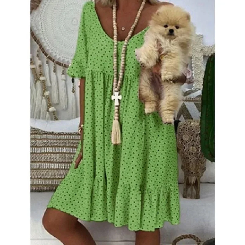 

2024 Spring Oversize Women's Short Dress O-neck Print Short Sleeves Loose Dresses Female Casual Trendy Elegant Ladies Clothes