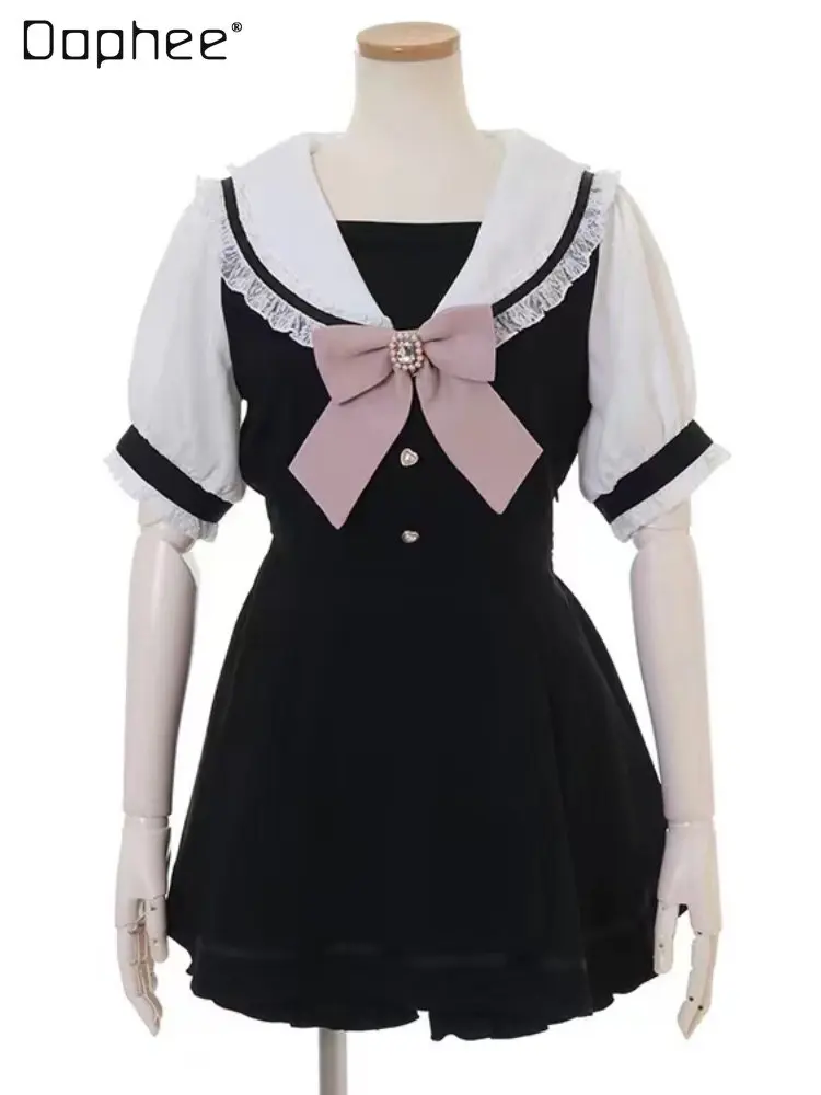 

Japanese Style Lolita Outfits Cute Girl Sailor Collar Mid-length Top and Shorts 2023 Summer New Woman Shorts Suit Two Pieces Set