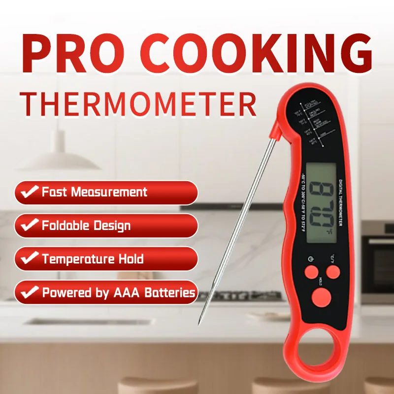 Küchenartikel Digital, Lebensmittelthermometer zum Kochen und Backen, sofort ablesbares Fleischthermometer mit Hintergrundbeleuchtung, Haltefunktion &