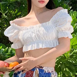 Women Off Shoulder Wrap Blouse Hollow Out Ruffle Short Sleeve Sexy T-Shirt White Solid Crop Tops Oktoberfest Female Clothes