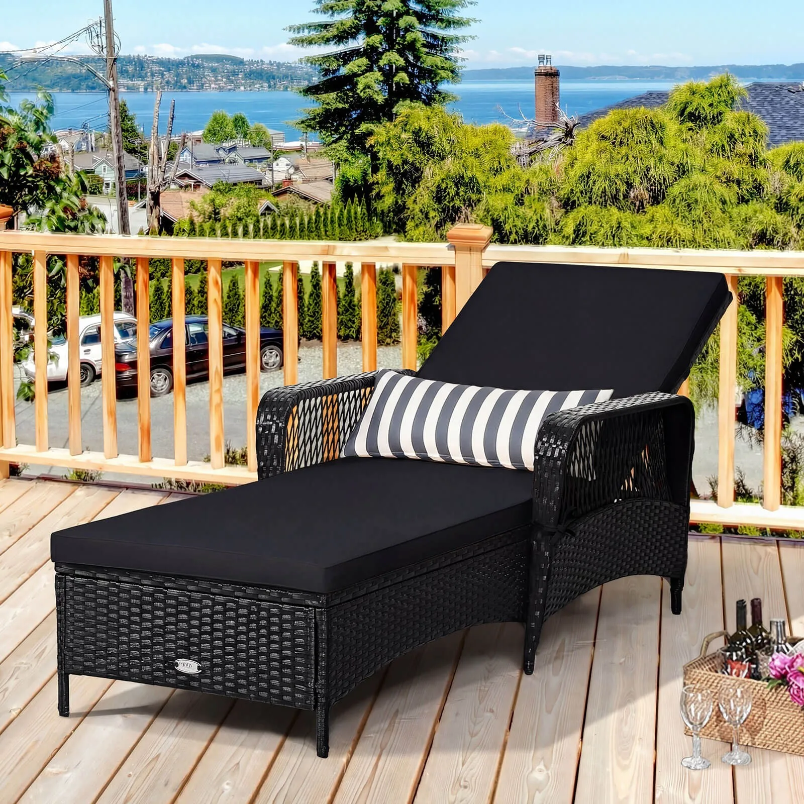 

PE Rattan Chaise Lounge Chair Armrest Recliner Adjustable Pillow Black for beach