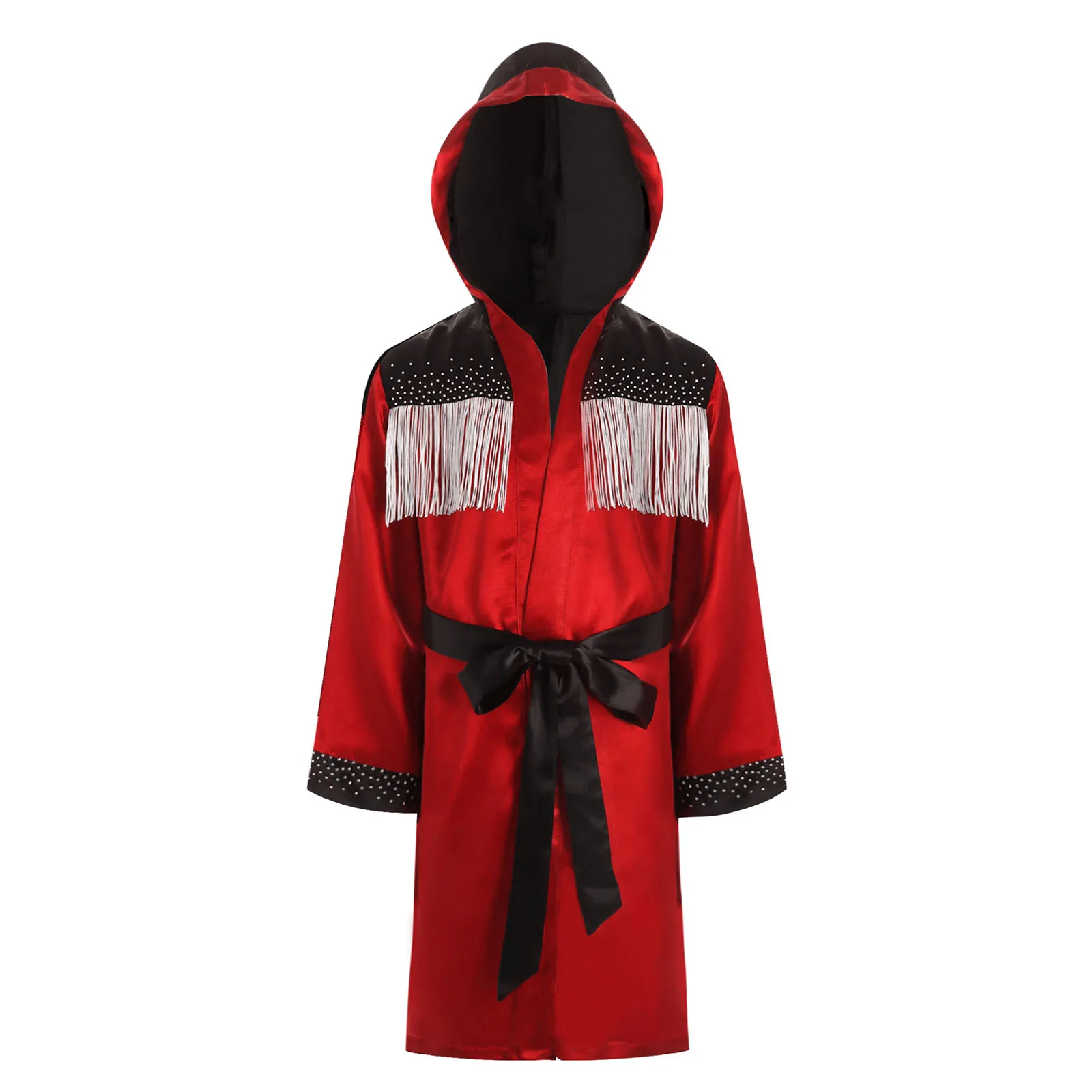 Unisex Kids Boys Girls Boxing Outfit Tassel Color Block Satin Hooded Robe+Belt for Competition Halloween Carnival Cosplay Sports