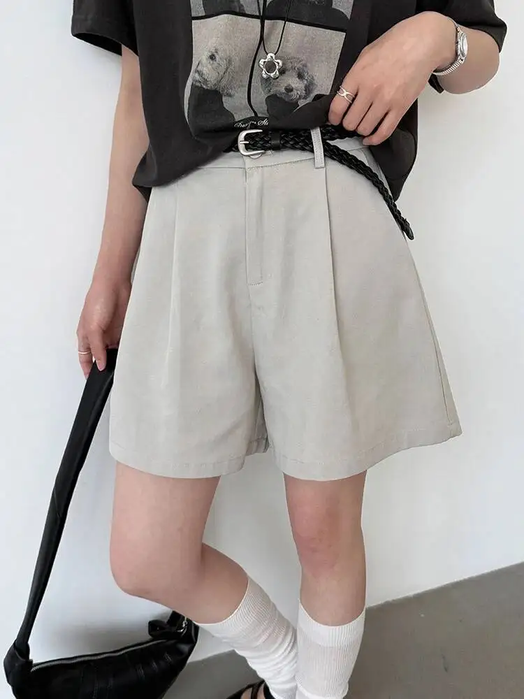 

Women Khaki White Brief Elegant Belted Wide Leg Shorts New High Waist Trousers Fashion Tide Spring Summer