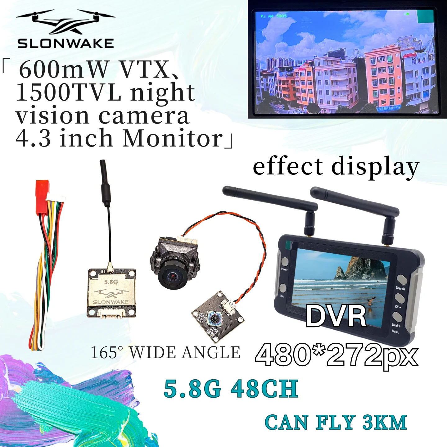 

SLONWAKE 5.8G 600mW VTX Transmitter with 4.3inch LCD Wireless Receiver Monitor 272*480px and CMOS 1500TV LAIO 165° fpv camera