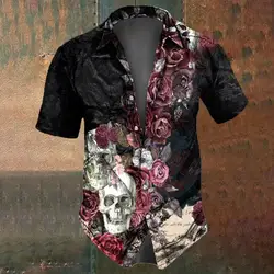 Retro Flower Skull Print Men's Shirt Summer Fashion Street Hip Hop Trendy Tops Men's Shirts Oversized T-Shirts