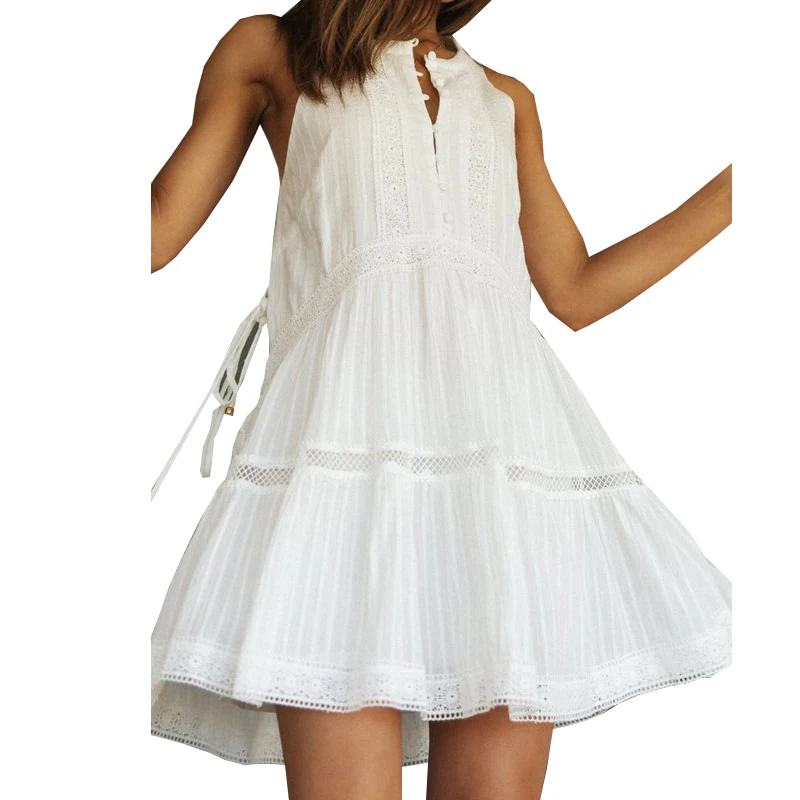 Women Summer Sexy Sleeveless White Dress Solid Color Lace Crochet A-Line  Mini Dress Cotton Material White Dress Vestidos