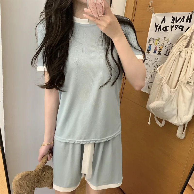 Women\'s New Summer Pajamas Homewear Set of Student T-Shirt Tops Shorts Homewear Ladies Loose Ice Silk Homewear Two-Piece Set