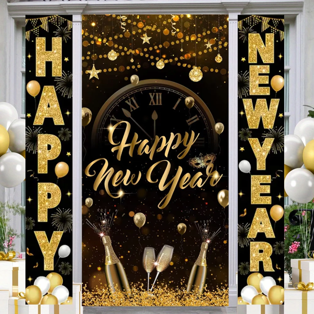 2026 Happy New Year Decorations Black Gold Hanging Door Banner Couplet Photography Backdrop Family Party Prop New Year 2026 Gift - Image 2