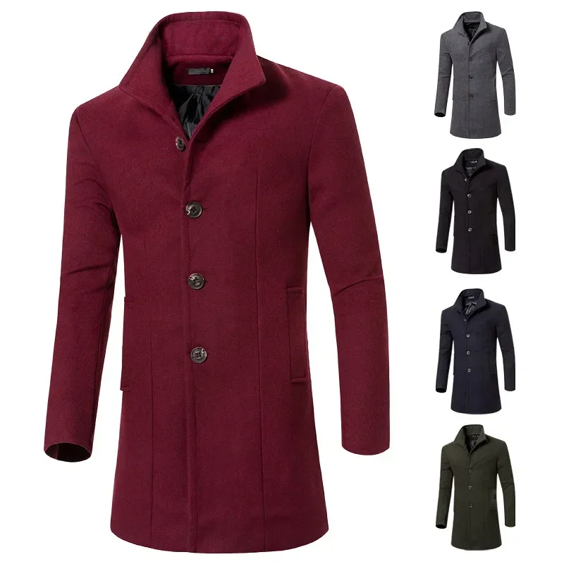 Spring Casual Wine Red Blend Coat Men Long Oversized Vintage Woolen Coat Male Long Sleeve Stand Collar Slim Fit Mens Overcoat XL