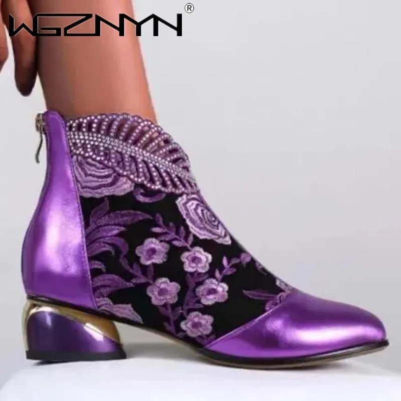 2024 kobiety botki Vintage, w kwiaty haft damskie buty skórzane buty Bohemia zamek wiosenna jesień damski Botas De Mujer