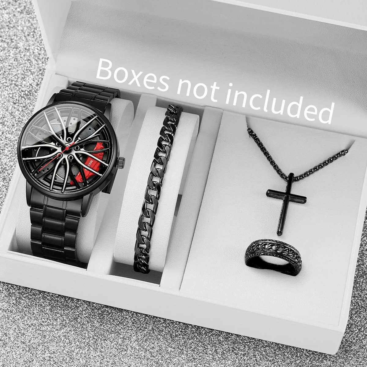 4 Teile/satz Mode Männer Uhren Schmuck-Set Casual 3D Auto Rad Zifferblatt Edelstahl Band Quarzuhr für Männer Uhr (ohne Box)