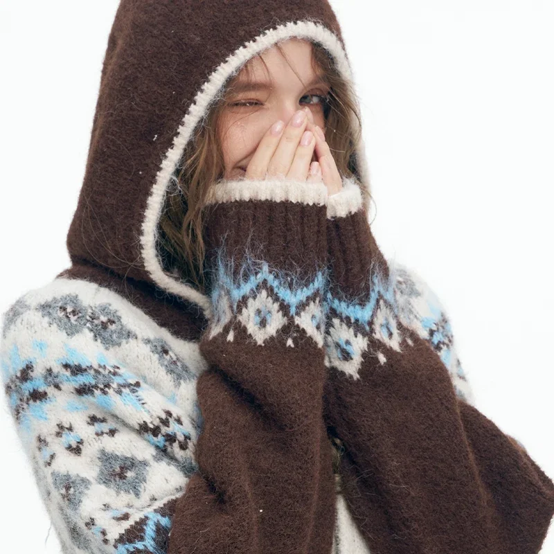 ELFSACK Y2K Casual Christmas Stripe Color Block Double Zipper Hooded Sweater For Women