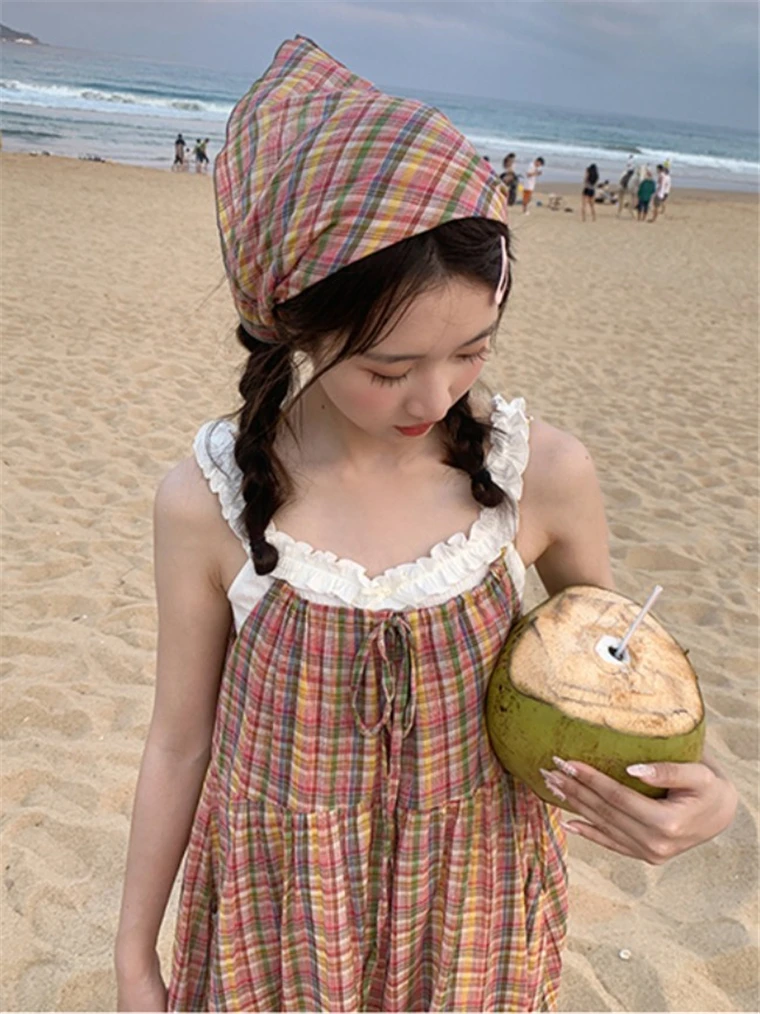 المرأة عادية بلا أكمام المتضخم السباغيتي فستان بحزام 2025 شاطئ حفلة شيك فضفاض فستان الشمس الصيف اليابان نمط فستان منقوش