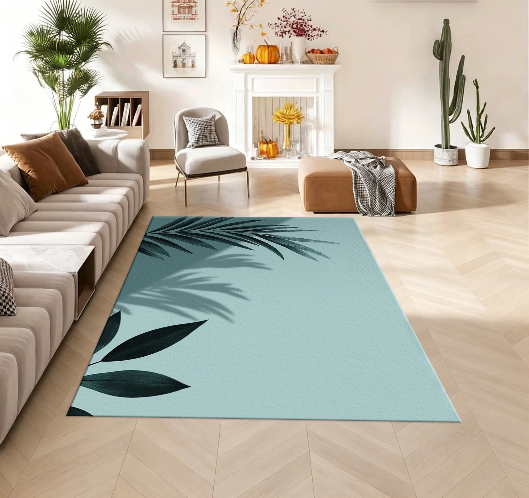 Simple Tropical Palm Leaf Shadow Carpet Floor Mat, Minimalist Printed Carpet Mat Suitable for Living Room and Bedroom