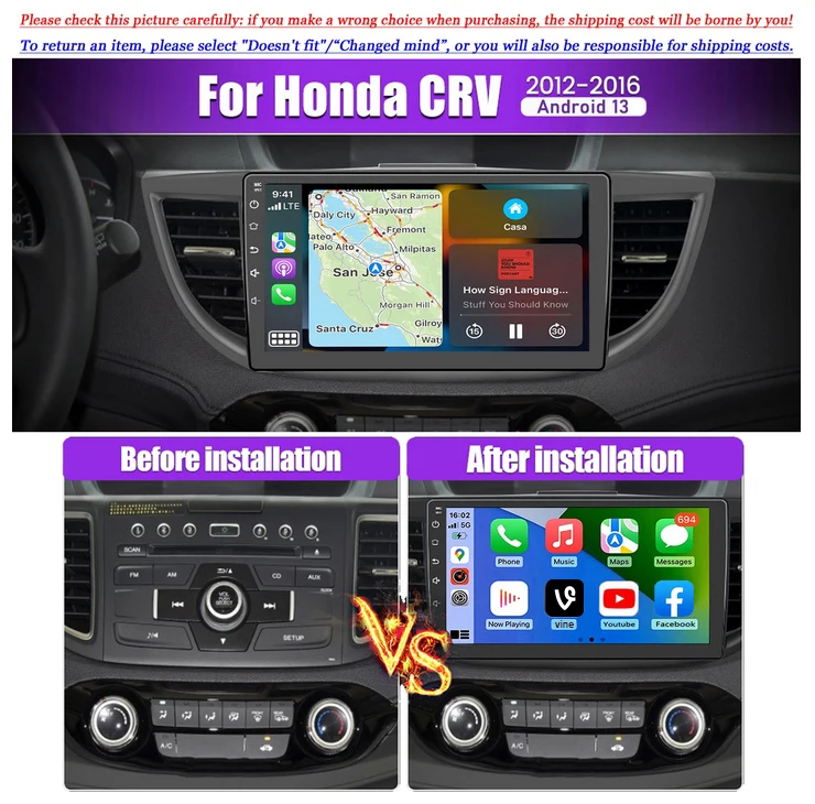 2G+32G Car Stereo for CRV 2012-2016 with Carplay Android Auto Sat Nav, Android 13 Stereo with 10 Inch Touchscreen, Bluetooth WIFI FM RDS
