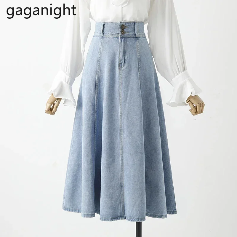 

Gaganight Spring Midi Denim Skirt Women Chic Vintage Full Skirt Washed Denim Blue Jeans Plus Size Pocket Pure Female Skirts