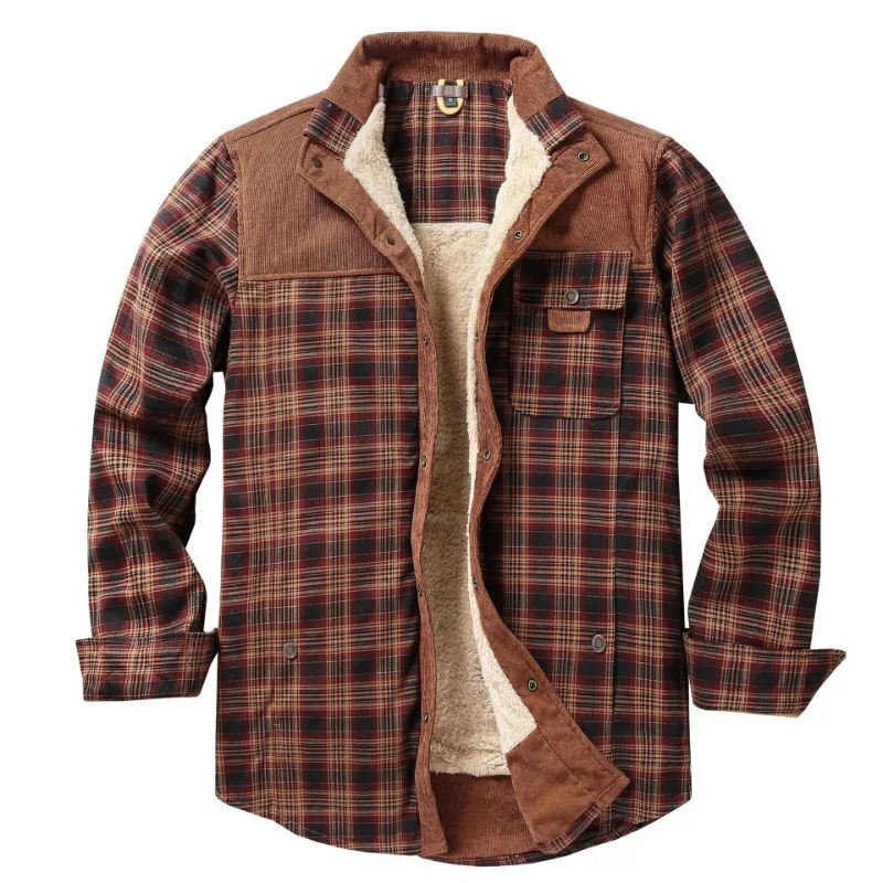 Men's Checkered Lambswool-Lined Shirt Jacket Corduroy Splice Thick Warm Button Down Shacket Winter Casual Long Sleeve Outerwear