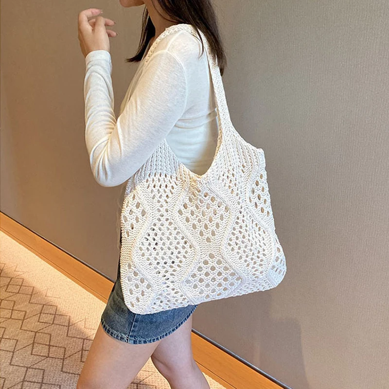 Casual Hollow Out Women Shoulder Bags Knitted Lady Handbags Simple Summer Beach Tote Bag Large Capacity Shopper Purses 2024