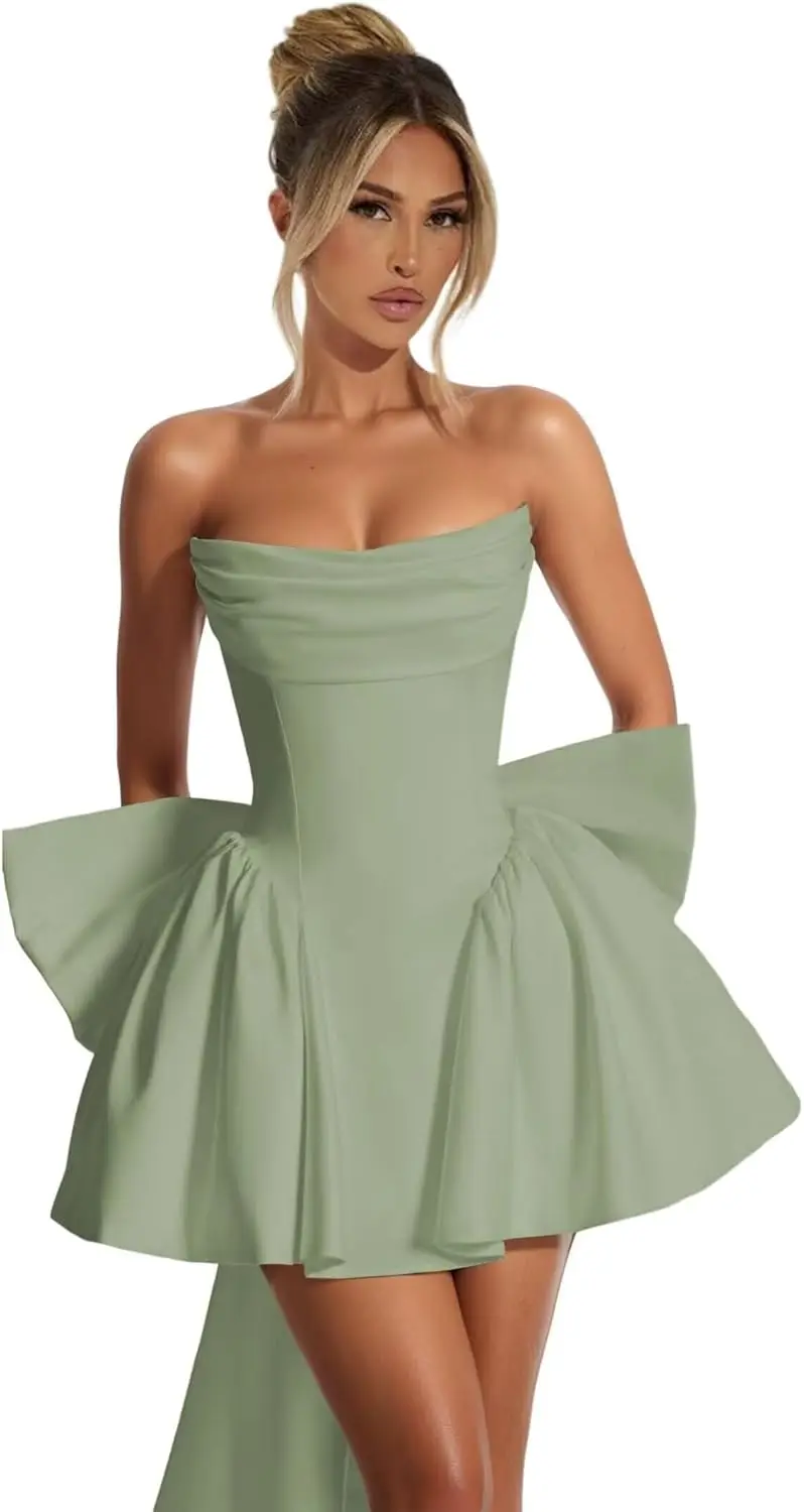 

Атласное платье для встречи выпускников без бретелек с бантом и воротником-хомутом, короткий корсет, мини-коктейльное платье выше колена для женщин