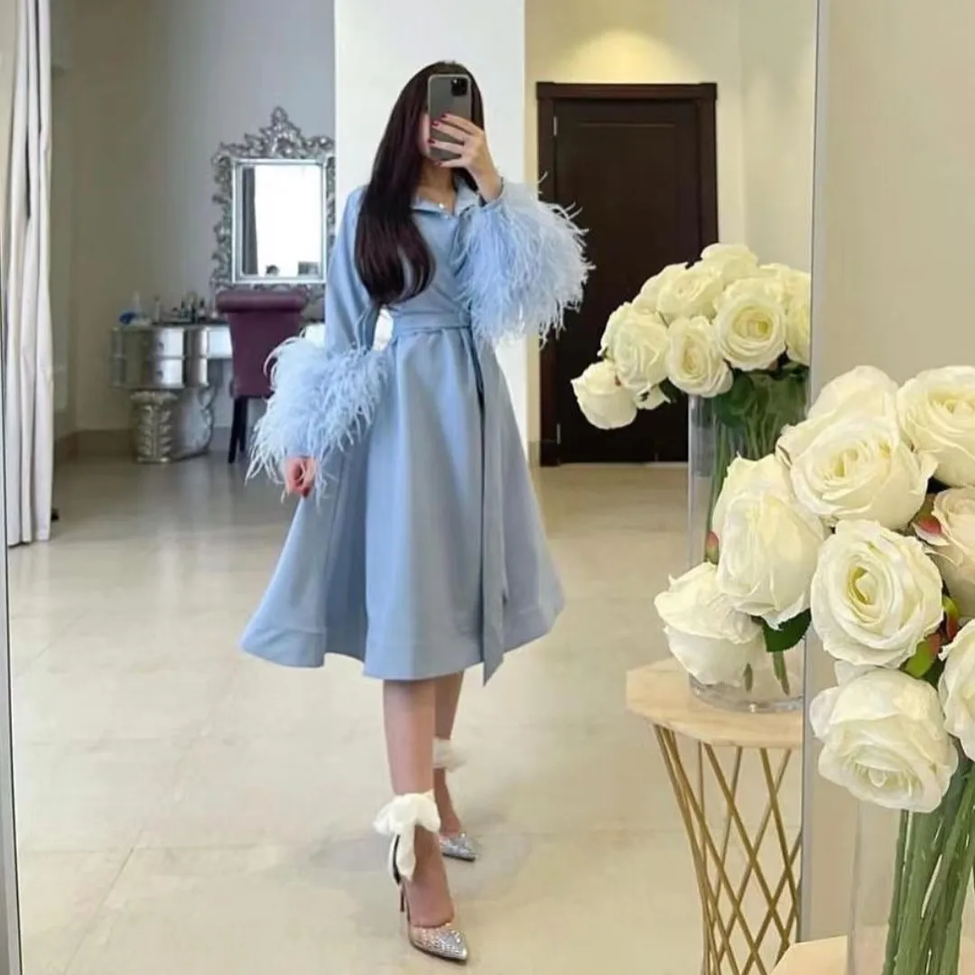 AsaNagi Summer Light Blue Feather V Neck Prom Dresses For Women 2023 Long Sleeve Vintage Fashion Party Midi Dress