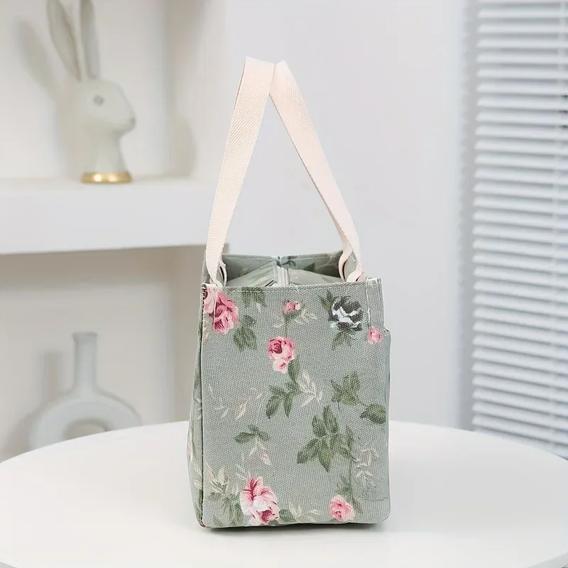 Aesthetic Floral Print Lunch Bag, Insulated Large Capacity Bento Bag, Thermal Cooler Handbag For School, Work, Travel & Picnic