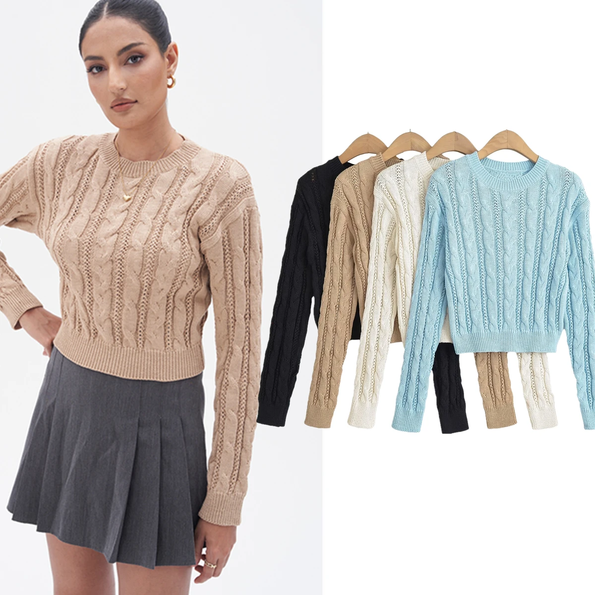 

Withered Minimal Fried Dough Twists Texture Round Neck Pullover Short Knitwear Sweater Winter Sweater Women Tops