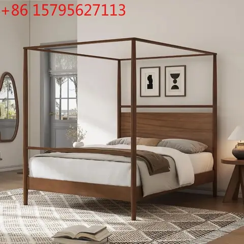 King Size Solid Wood Canopy Bed Frame, Mid-Century Platform Bed with Headboard