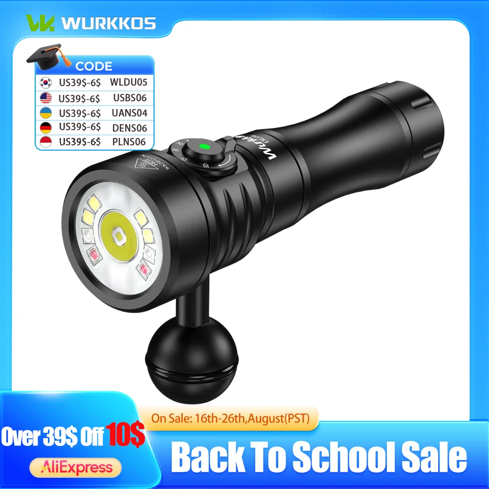 Wurkkos DL08 Tauchlampe, 3600 lm, wiederaufladbare Taschenlampe, 660 nm, rotes Licht, 365 nm UV-Taschenlampe, 21700 Unterwasserlaterne, Magnetschalter