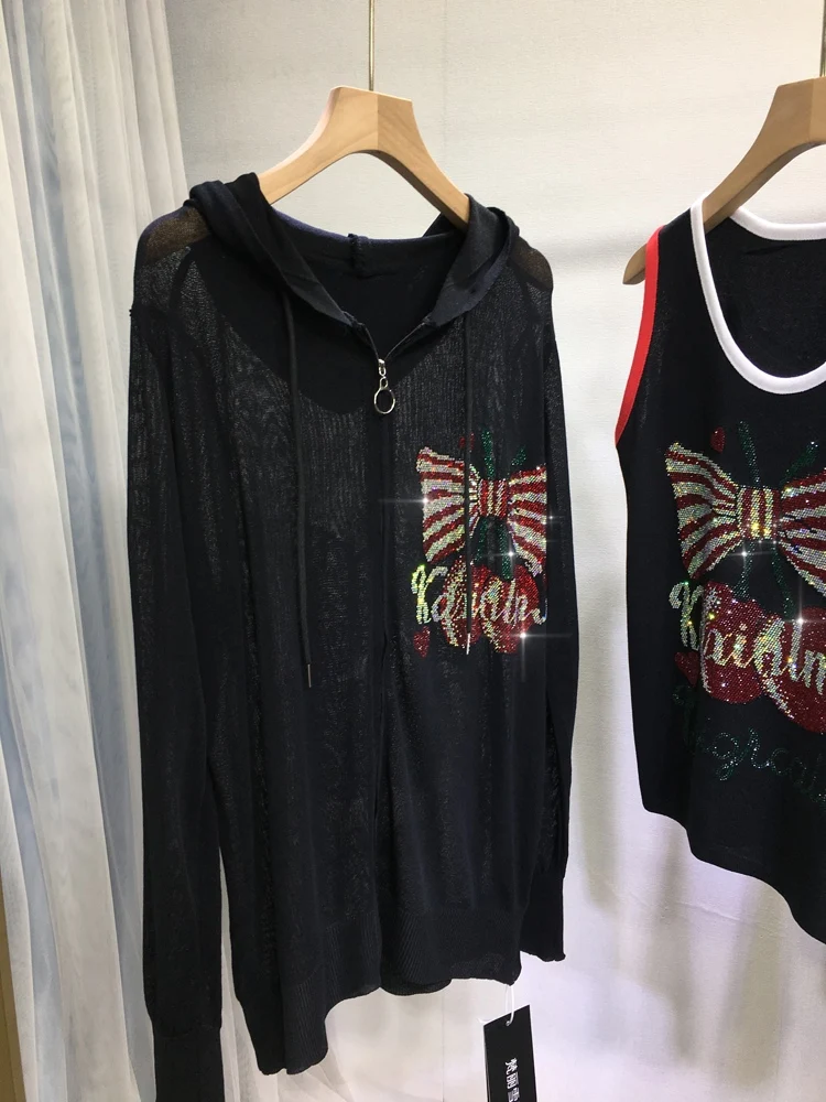 Heavy Industry Hot Diamond Sunscreen Shirt Thin Black Loose Light Breathable Ice Silk Vest Cherry Pattern Spring and Summer Top