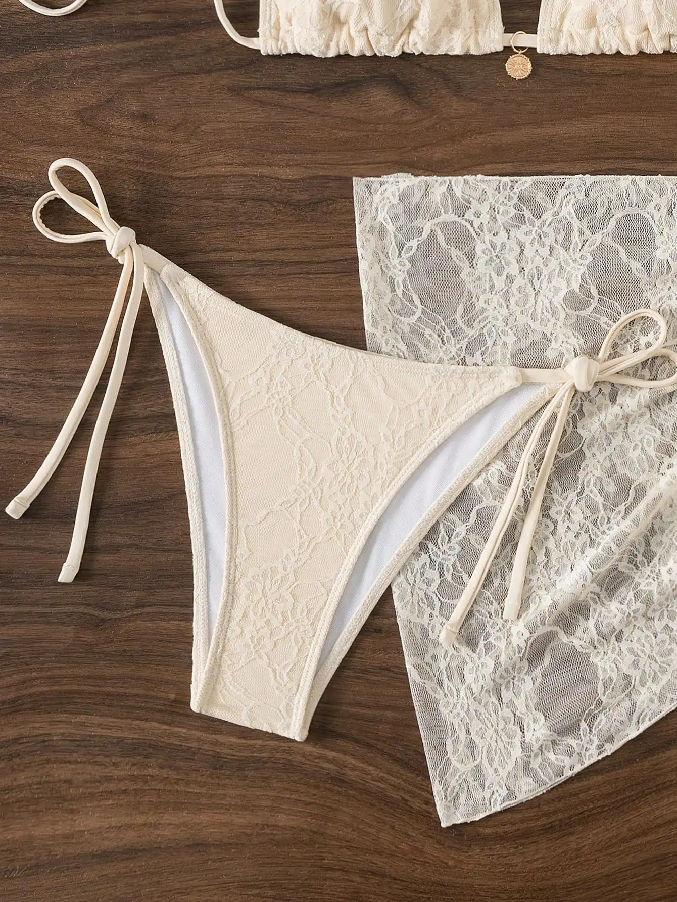 

Lace-Up Halter Triangle Bikini Set With Sheer Cover-Up For Beach Summer