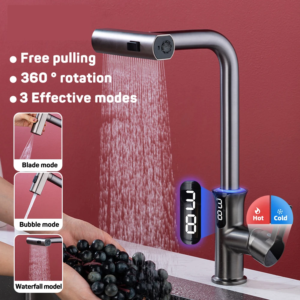 Waterfall Kitchen Sink Faucet Temperature Digital Display Pull Out Faucet Stream Sprayer Hot Cold Water Tap Bathroom Faucets