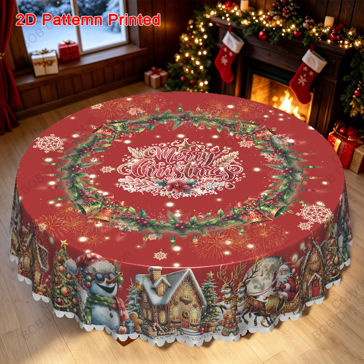 1 piece, Merry Christmas themed tablecloth, gingerbread house, gingerbread man, Santa snowman pattern tablecloth, embossed edges