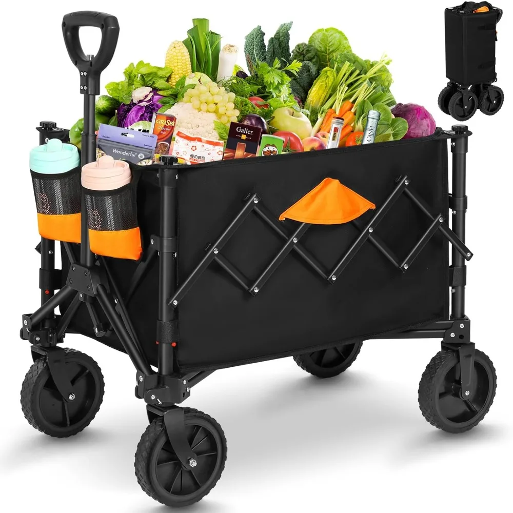 Collapsible Wagon, Grocery Wagons Carts Foldable Utility Wagon with All-Terrain Wheels, Cup Holders, Pockets Grocery Shopping