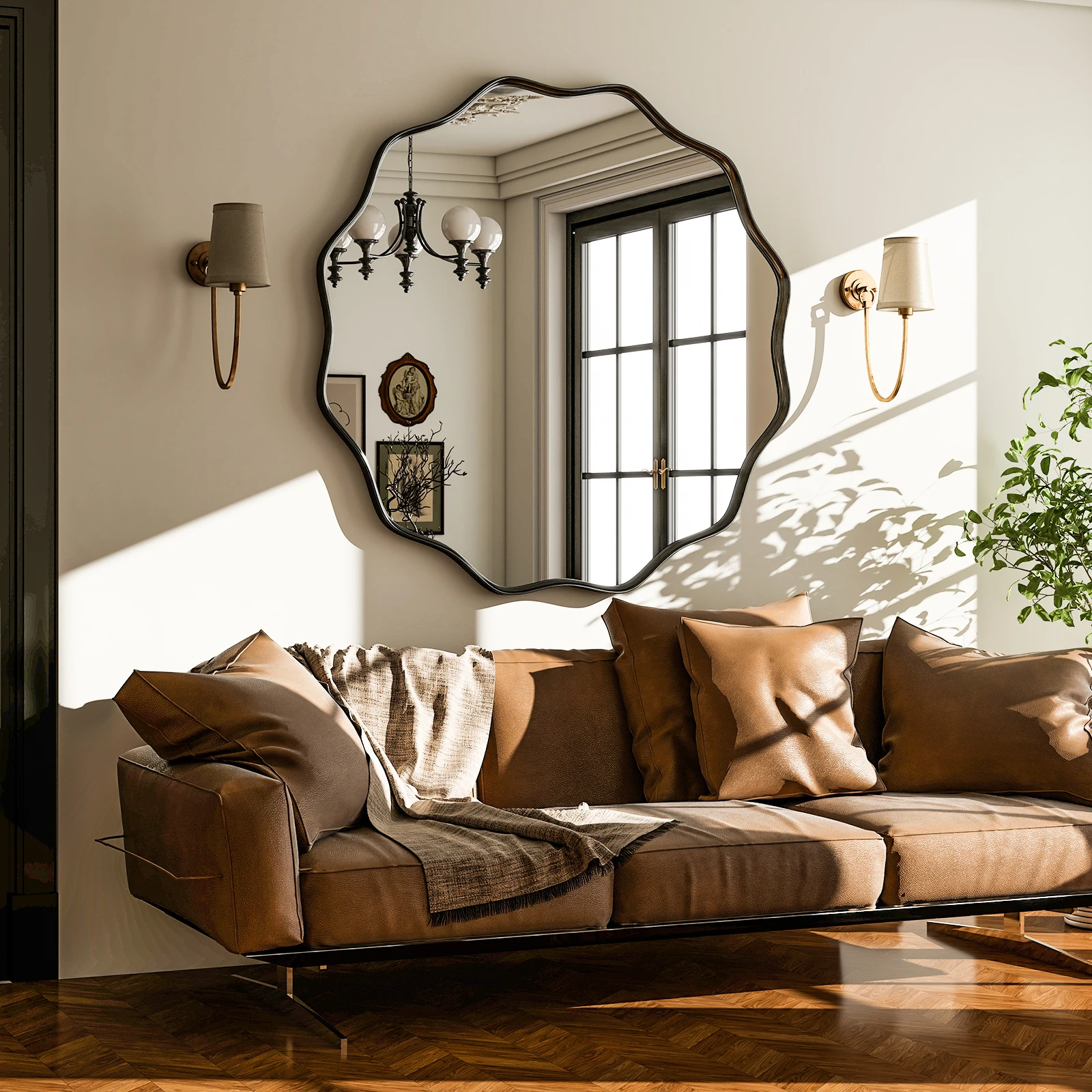 مرآة حمام دائرية متموجة، مرآة حائط مزخرفة بإطار عميق #3