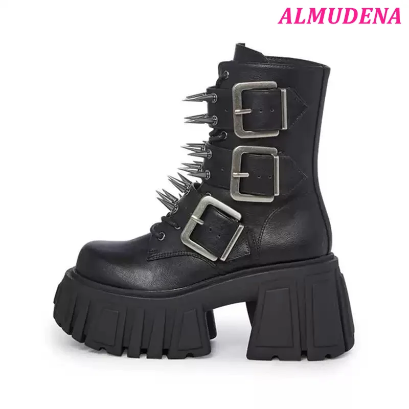 Black Studded Chunky Heel Platform Ankle Boots Women's Cool Leather Buckled Punk Lace up Luxury Designer Women's Shoes