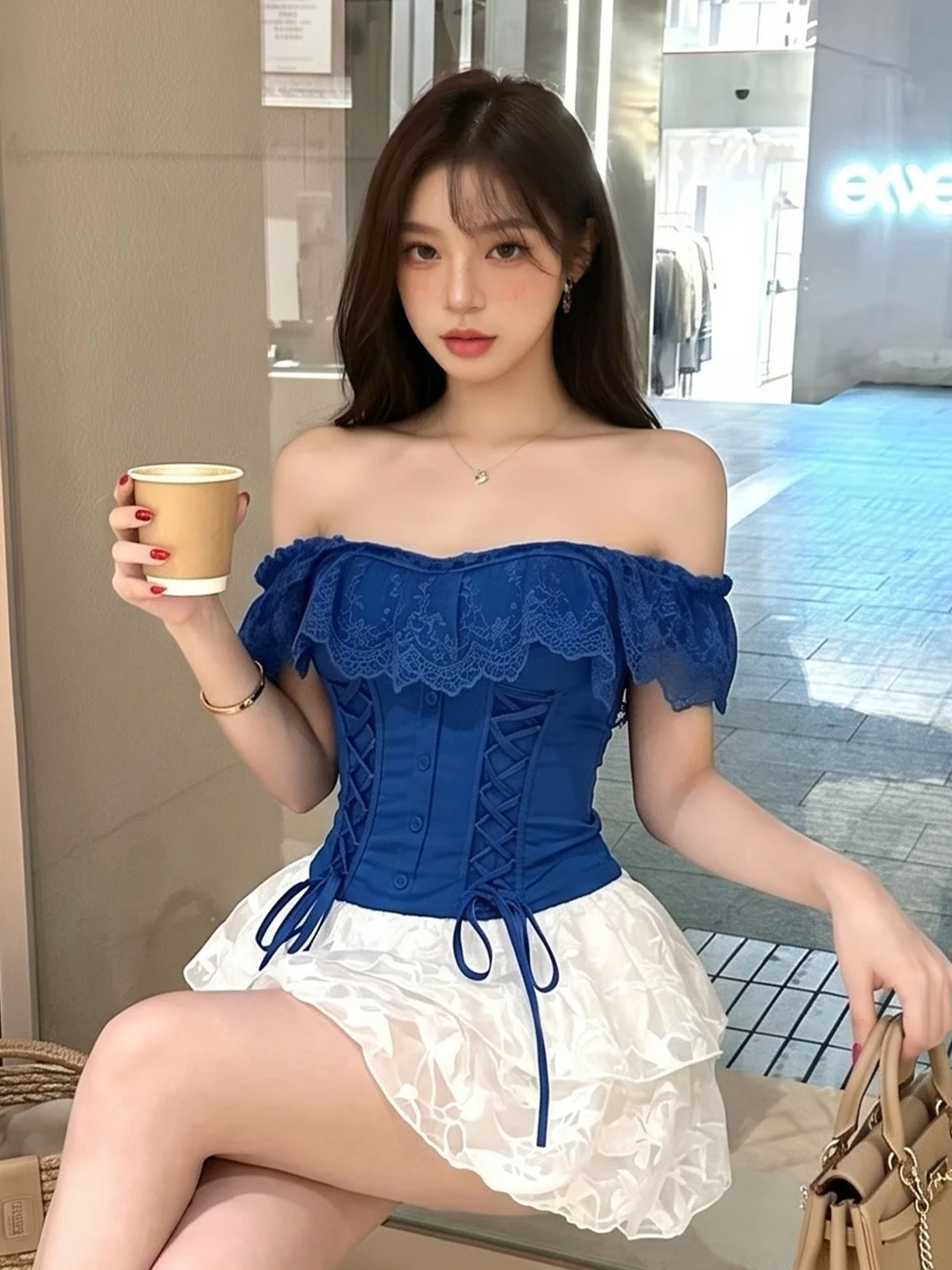 

Sweet And Spicy Style Lace Splice Shoulder Bridesmaid Two-Piece Set Women's Slim Fit Waist Cinching A-Line Short Skirt Summer...