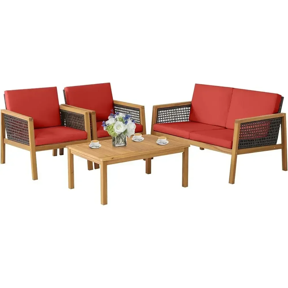 4-Piece Outdoor Acacia Wood Furniture Set with PE Wicker, Coffee Table, and Seat Cushions for Patio, Garden, and Poolside