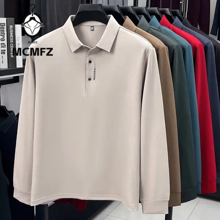 Male Casual Long Sleeve Polo Top Stretch Comfortable Fabric Button Detail Minimal Print All Match Autumn Spring Apparel