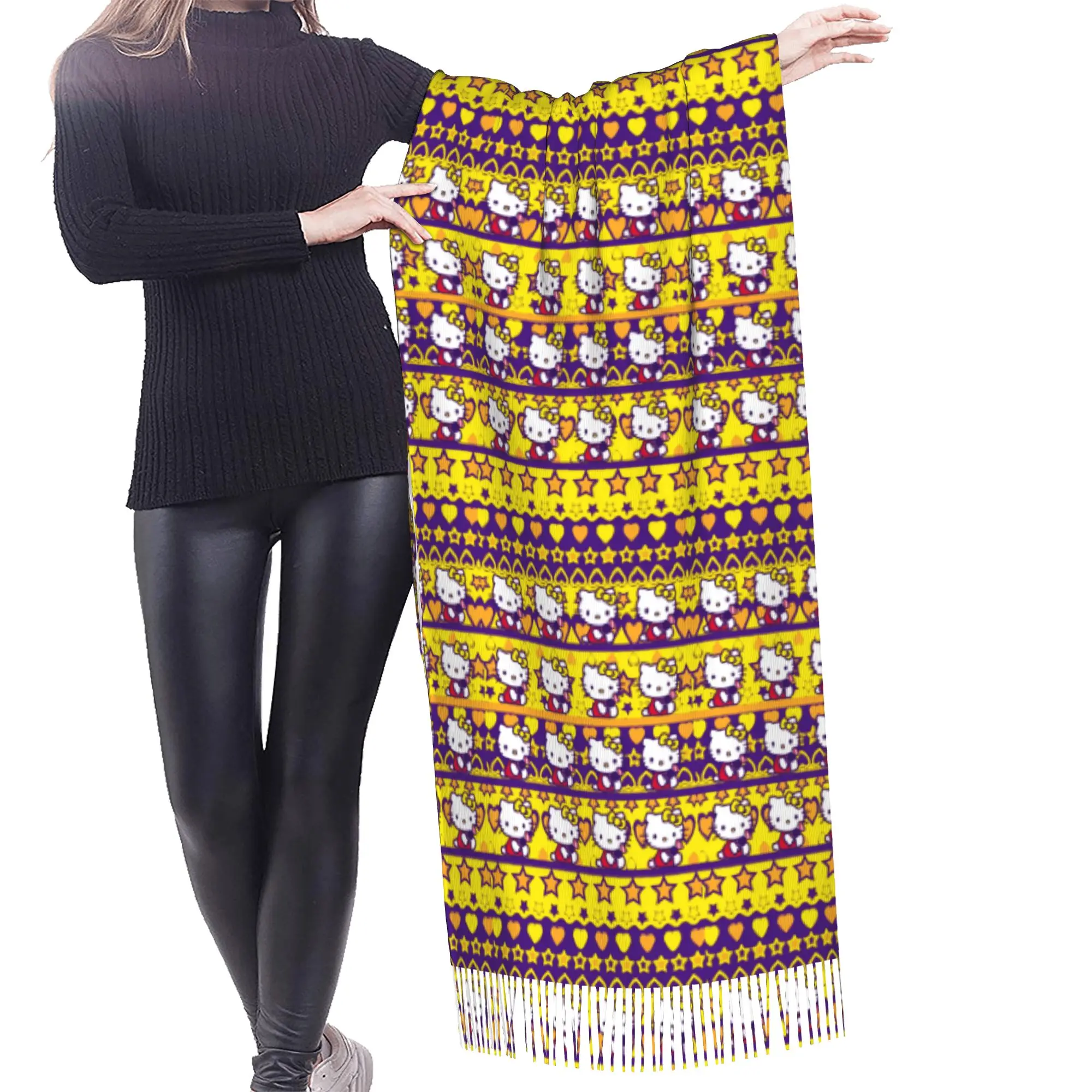 Custom Kitten Cat Cartoon Tassel Scarf Women Soft Anime Shawls Wraps Ladies Winter Fall Scarves