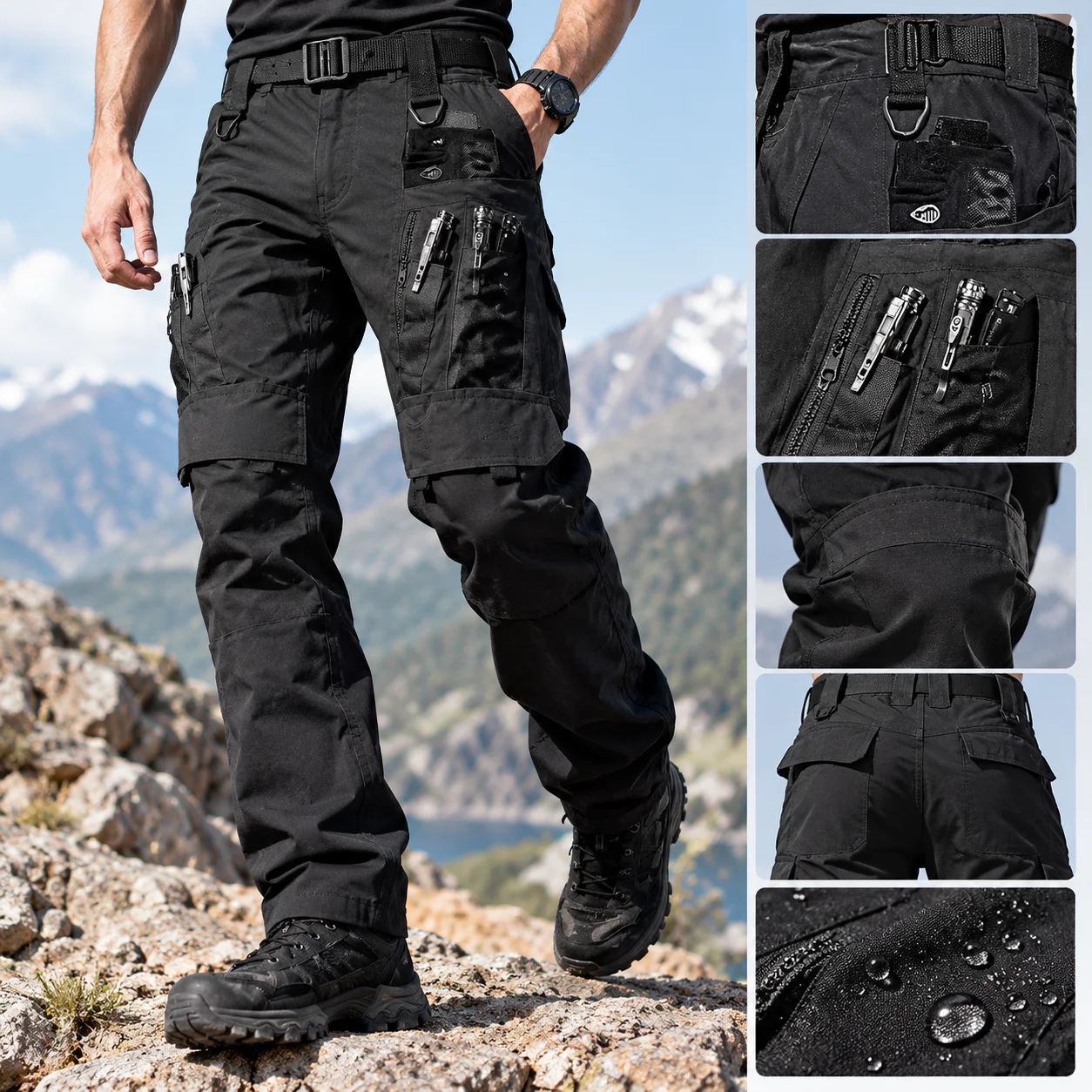 2 PCS Men's Tactical Cargo Pants Multi Pocket Waterproof Tear Resistant Work Trousers for Men Outdoor Hiking Camping Casual Wear