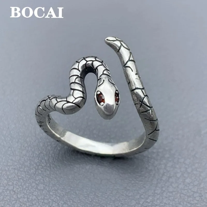 

BOCAI 100% S925 Silver Snake Ring For Women Retro Personality and Vintage Snake Pattern Adjustable Fashion Jewelry Wholesale