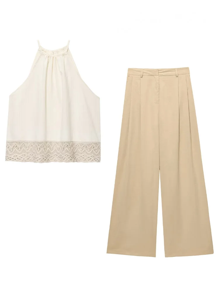 

HH женский льняной однотонный брючный костюм без рукавов с подолом в отпускном стиле с круглым вырезом, короткий топ + свободные широкие плиссированные брюки на молнии