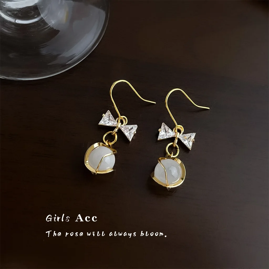 

Wholesale High Quality Opal Earrings French Light Luxury Retro Zircon Bow Ear Studs for Women Fashion Elegant Dangle Earrings