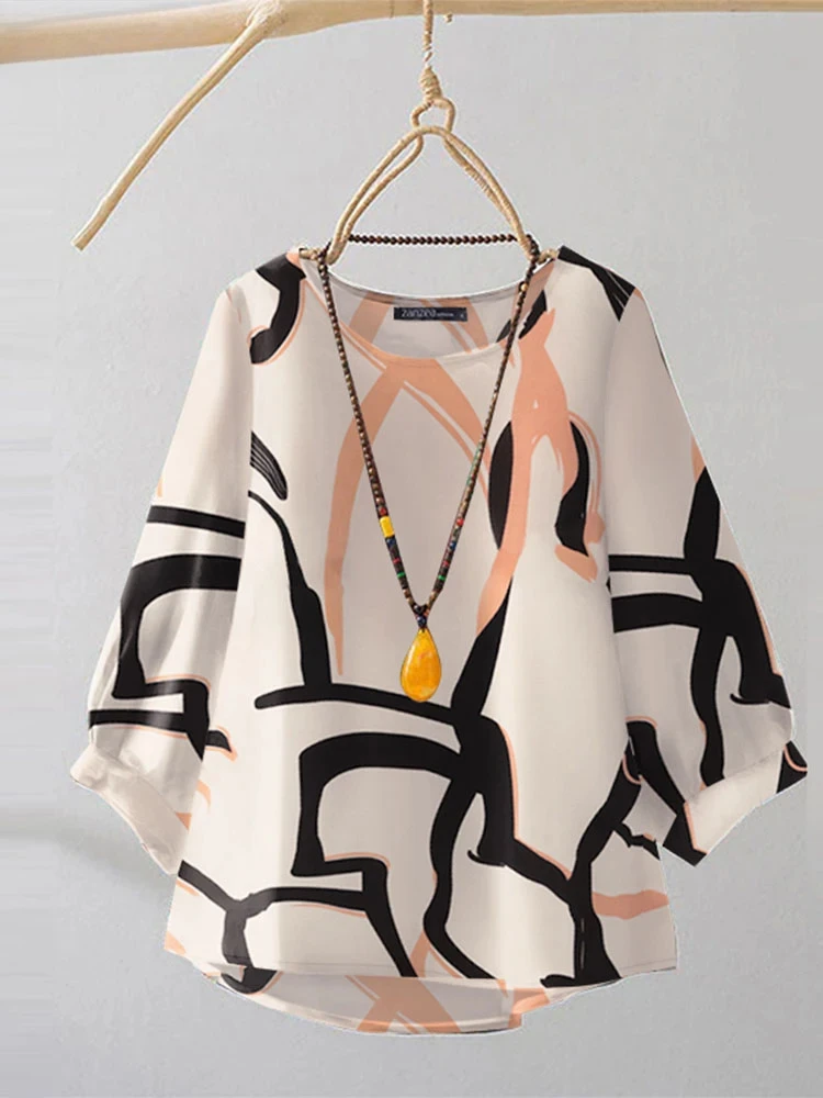 

Vintage Line Printed Blouse Fashion 3/4 Sleeve Tunics Holiday Autumn 2025 O-neck Tops Casual Women Office Lady 2024 Shirt