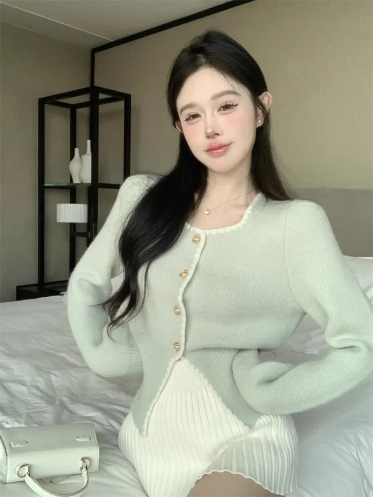 Ezgaga Elegant Sweater Women Square Collar Autumn Winter Sweet Knitted Cardigan Solid Split Outwear Female Fashion Top